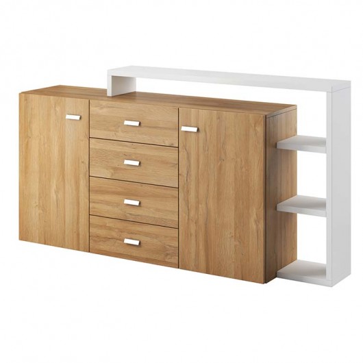 Credenza Megan Gihome ® bianco rovere 2 ante 3 cassetti con vani a giorno