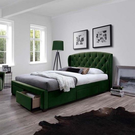 Letto matrimoniale 160 Ravello Gihome ® tessuto verde scuro con cassetti capitonnè