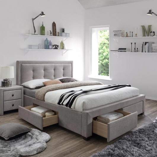 Letto matrimoniale Quarto Gihome ® tessuto beige con cassetti capitonnè