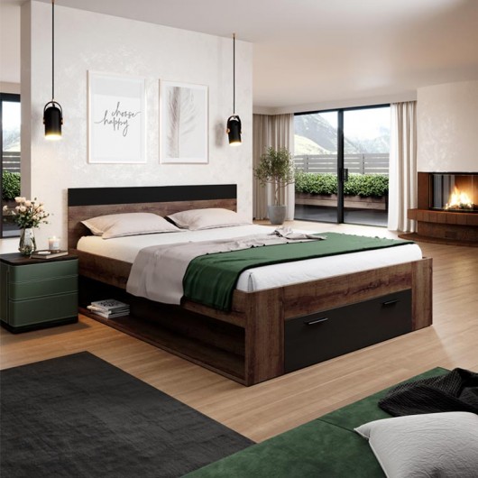 Letto standard Lisbona Gihome ® rovere scuro e nero con contenitore