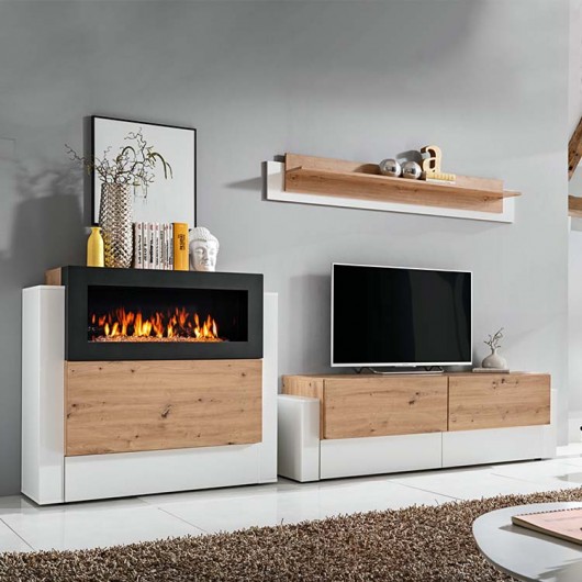 Parete attrezzata Arcadia Gihome ® con biocamino bianco rovere 