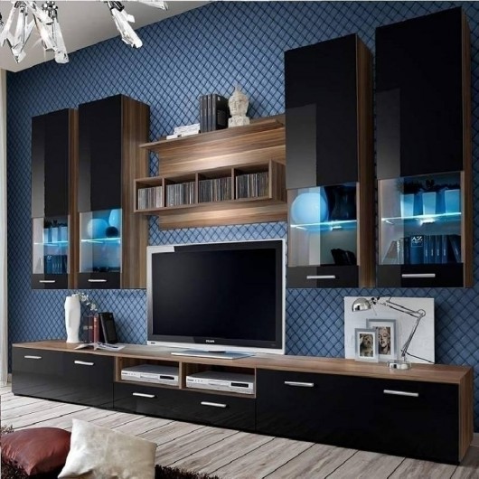 Parete attrezzata Baltimora Gihome ® struttura noce frontali nero