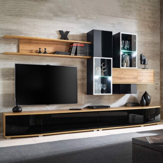 Parete attrezzata Caleta Gihome ® rovere nero lucido