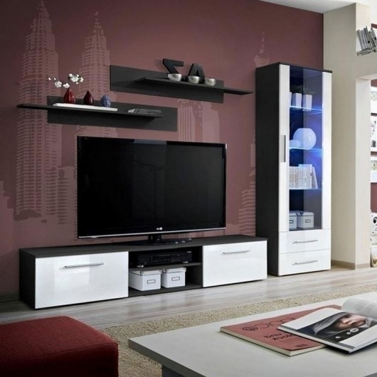 Parete attrezzata Las Vegas Gihome ® nero e frontale bianco lucido