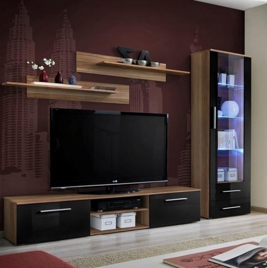 Parete attrezzata Las Vegas Gihome ® noce e frontale nero lucido