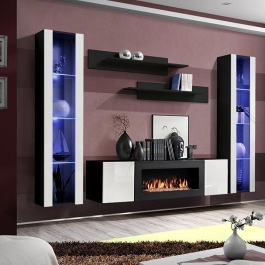 Parete attrezzata M Gihome ® con biocamino corpo nero frontale bianco con vetrina intera