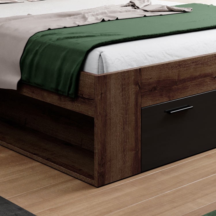 Letto standard Lisbona Gihome ® rovere scuro e nero con contenitore